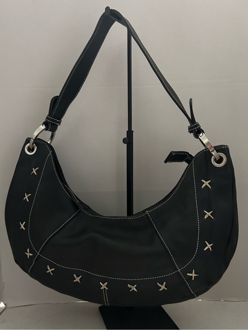 Black Crescent Bob Timberlake Leather Shoulder Bag with Contrast Stitching